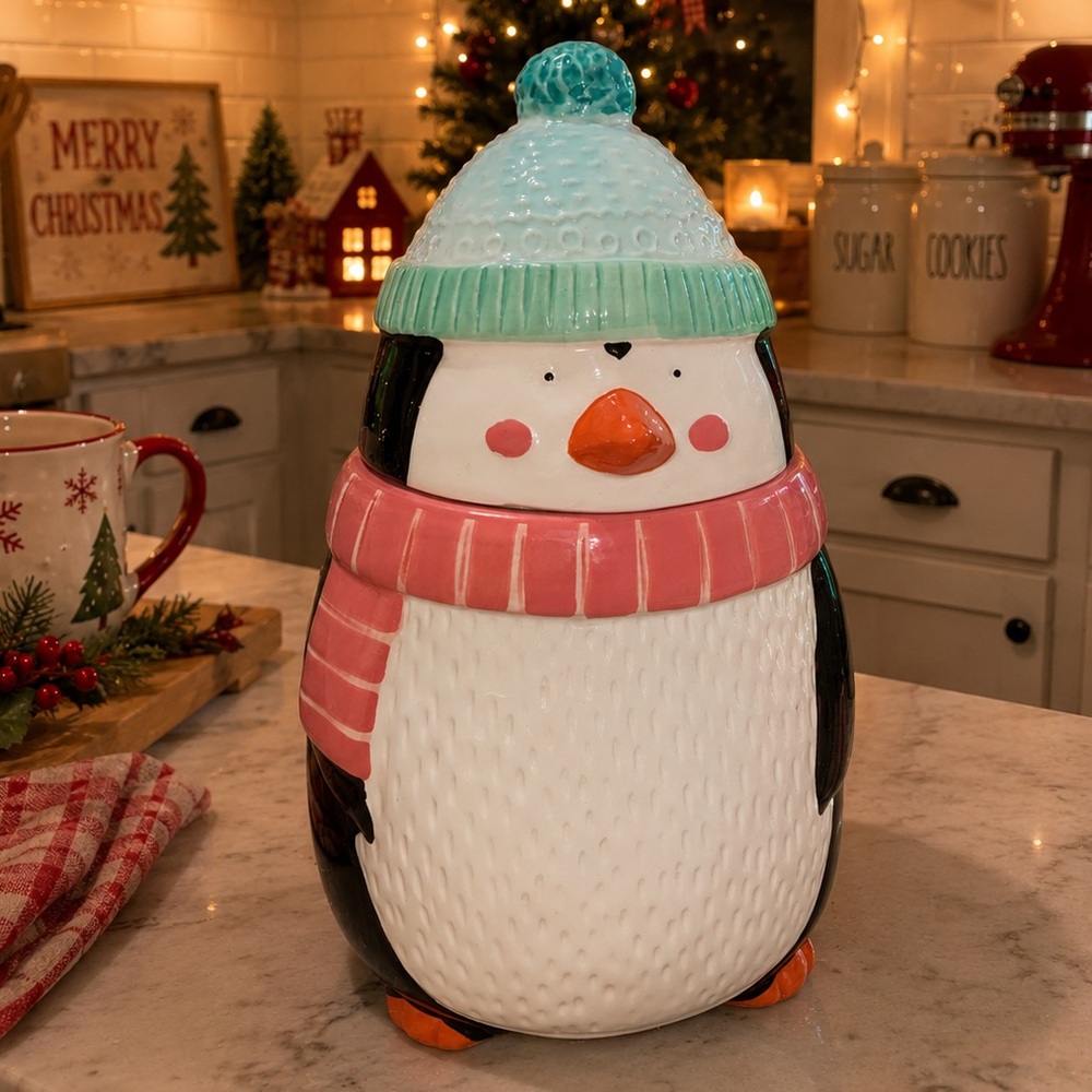 Sleigh bell penguin cookie jar